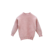 Winter Factory Price High Neck Fuzzy Pure Color Pullover Children Knitted Girl's Sweaters